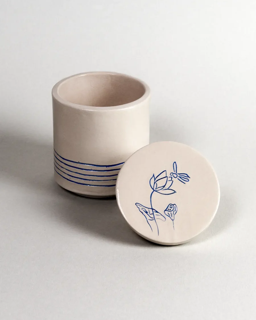 Lid for Interchangeable Jar - Lotus - Blue on White